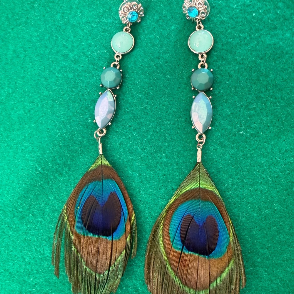 Elegant Peacock Feather Earrings - Picture 2 of 3